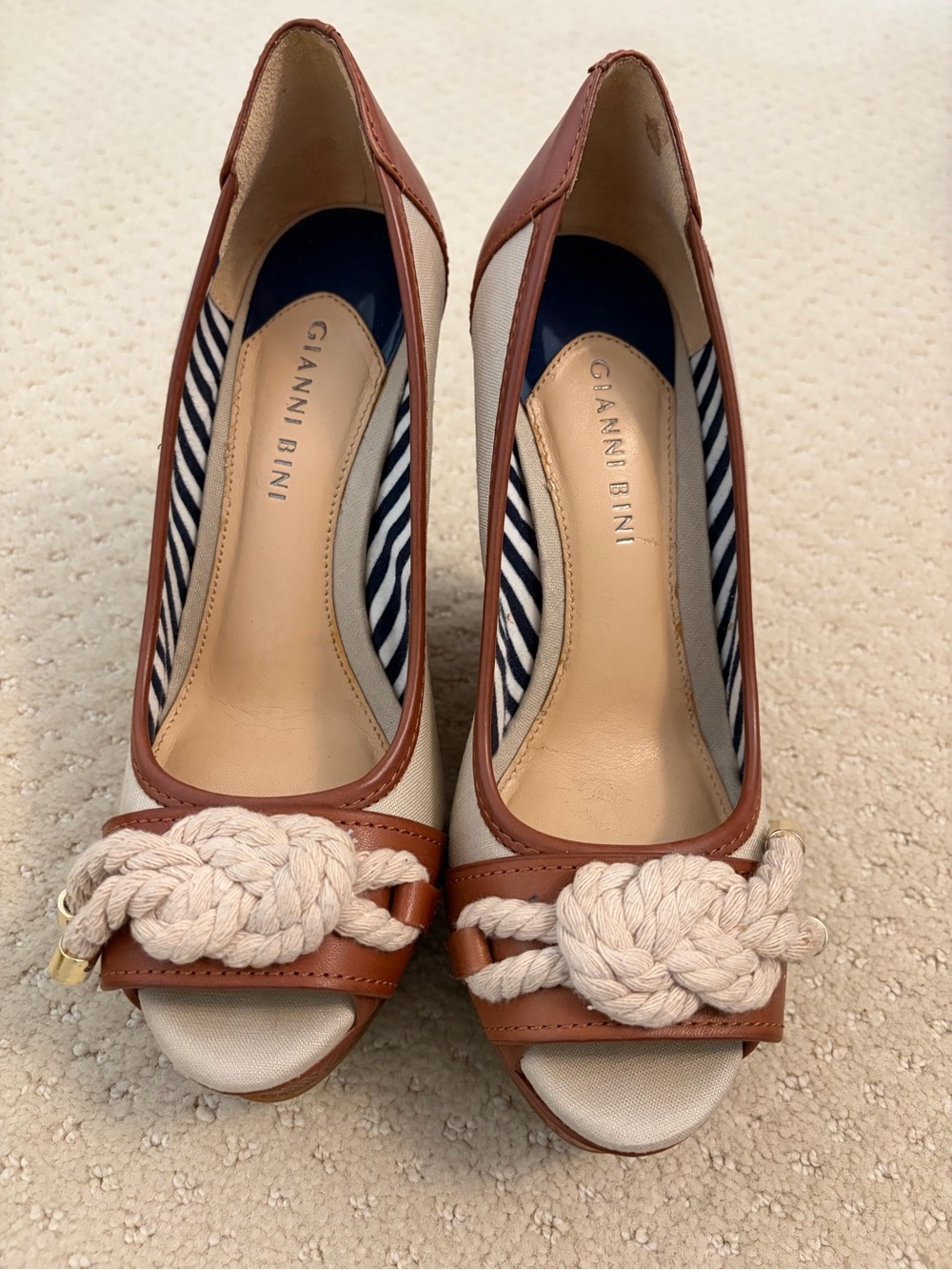 Gianni Bini Brown and Cream Nautical Rope Peep-Toe Heels
